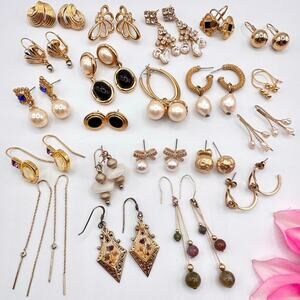 21 Pair Gold Tone Vintage To Now Earring Lot Costume Jewelry To Wear Or Resell